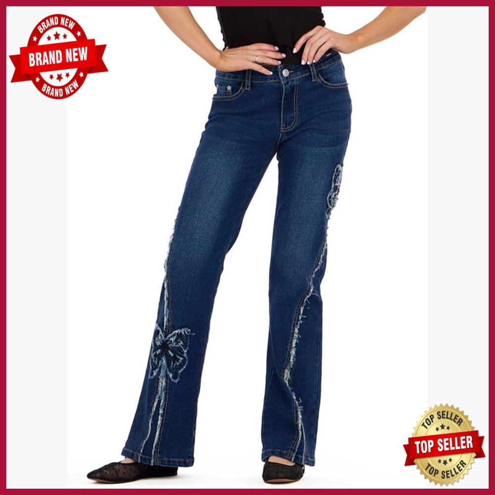 Straight Leg Denim Pants With Rhinestone Embroidered Back Pocket Detail